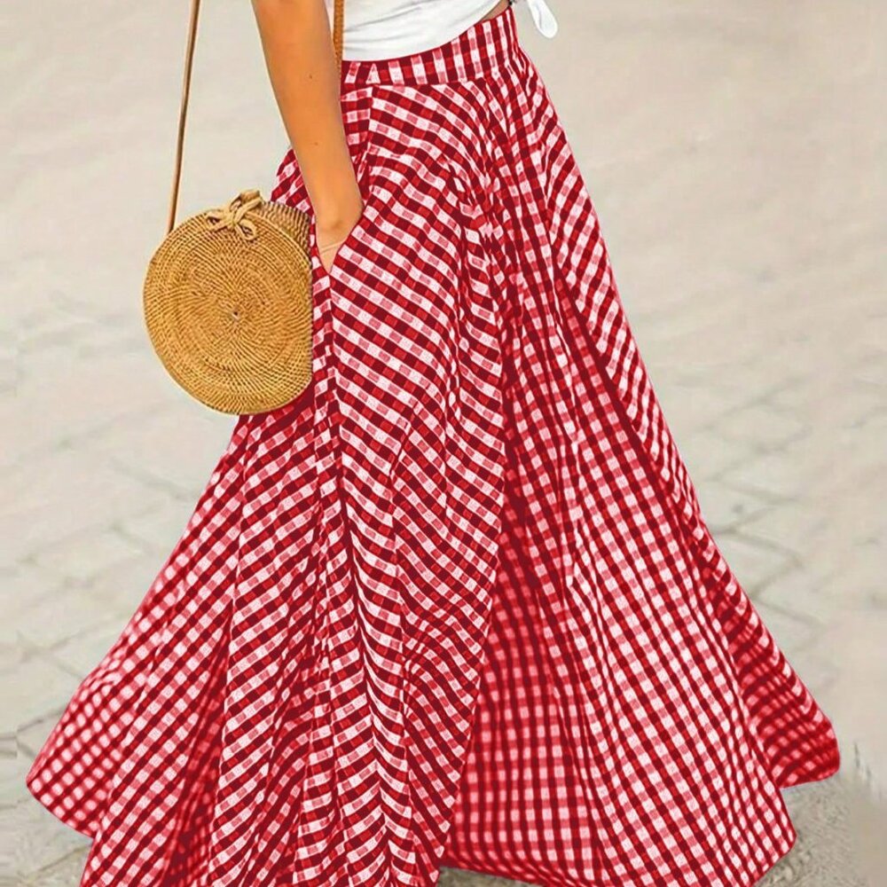 Red Casual Women's Plaid A-Line Skirt